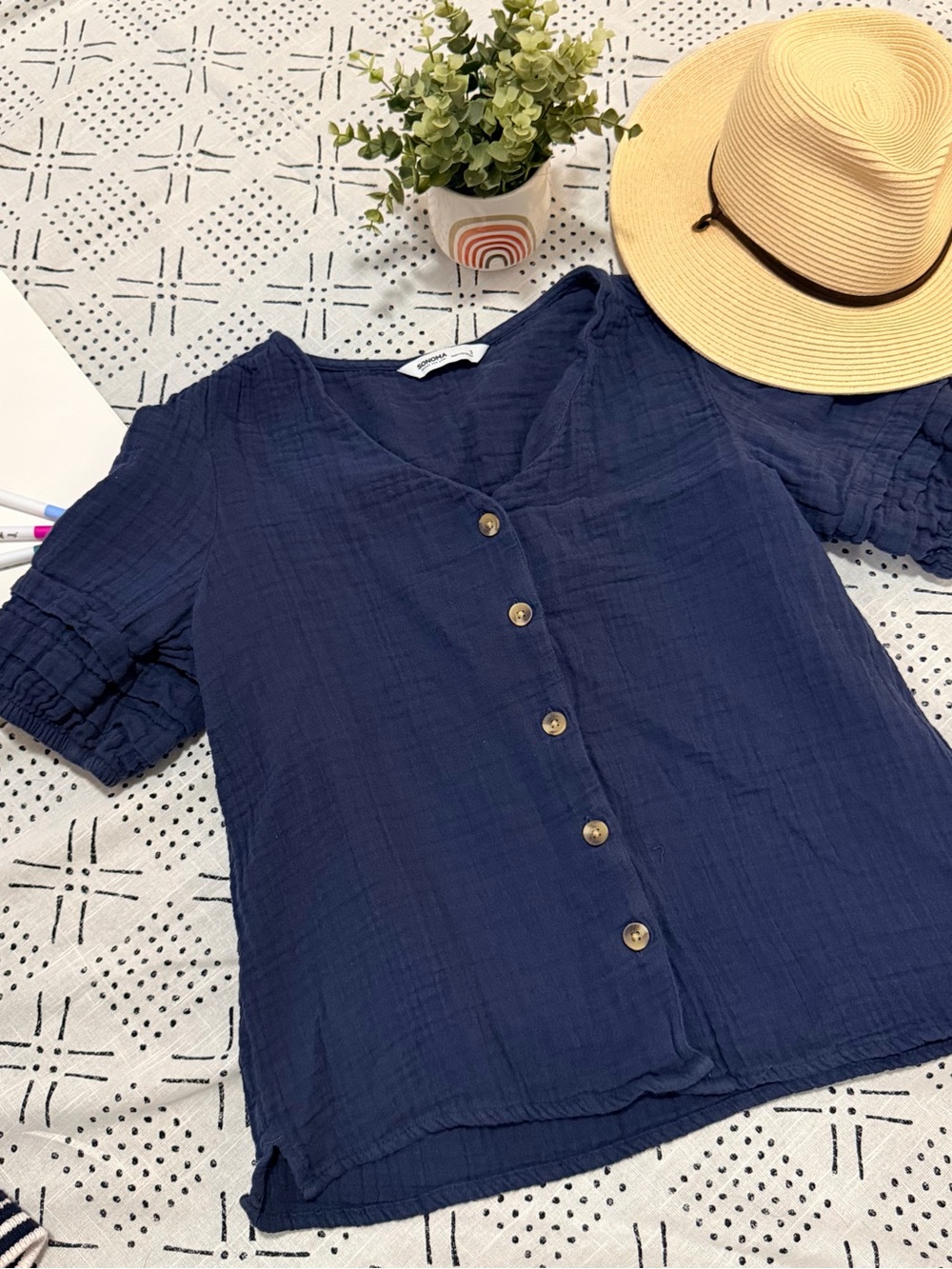 Sonoma Navy Button-Front Gauze Top